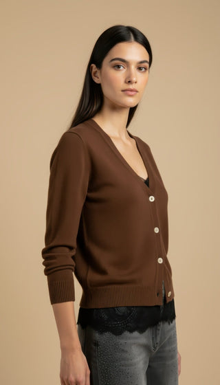 Cardigan - Cardigan girocollo cashmere bordo pizzo - Marrone - VEVI