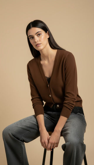 Cardigan - Cardigan girocollo cashmere bordo pizzo - Marrone - VEVI