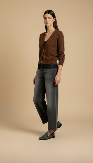 Cardigan - Cardigan girocollo cashmere bordo pizzo - Marrone - VEVI