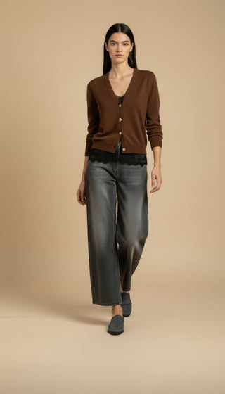 Cardigan - Cardigan girocollo cashmere bordo pizzo - Marrone - VEVI