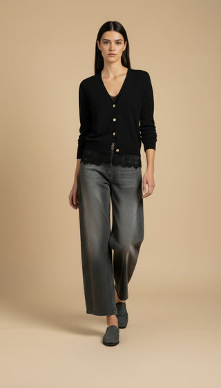 Cardigan - Cardigan girocollo cashmere bordo pizzo - Nero - VEVI