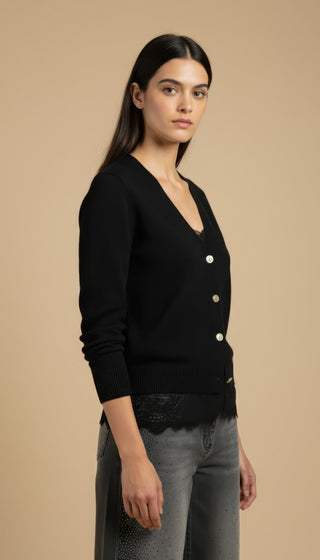Cardigan - Cardigan girocollo cashmere bordo pizzo - Nero - VEVI