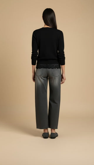 Cardigan - Cardigan girocollo cashmere bordo pizzo - Nero - VEVI