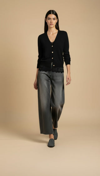 Cardigan - Cardigan girocollo cashmere bordo pizzo - Nero - VEVI