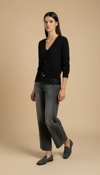 Cardigan - Cardigan girocollo cashmere bordo pizzo - Nero - VEVI