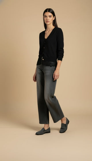 Cardigan - Cardigan girocollo cashmere bordo pizzo - Nero - VEVI