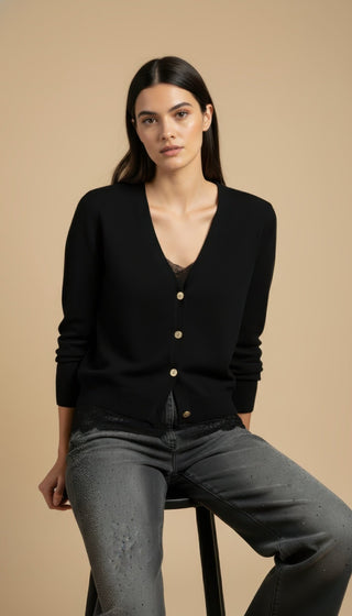 Cardigan - Cardigan girocollo cashmere bordo pizzo - Nero - VEVI