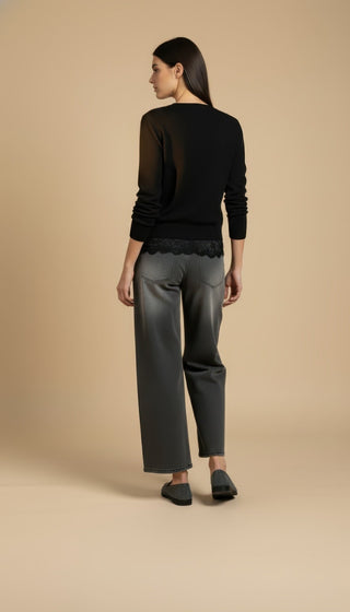 Cardigan - Cardigan girocollo cashmere bordo pizzo - Nero - VEVI