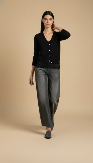 Cardigan - Cardigan girocollo cashmere bordo pizzo - Nero - VEVI