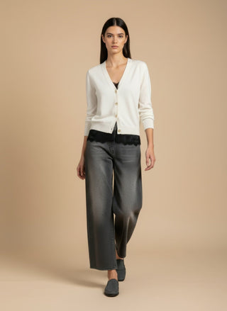 Cardigan - Cardigan girocollo cashmere bordo pizzo - Panna - VEVI