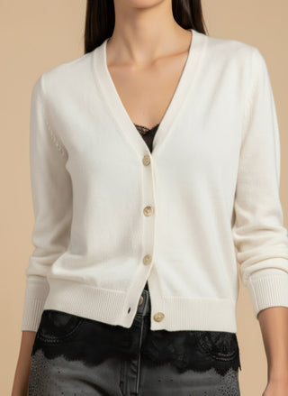 Cardigan - Cardigan girocollo cashmere bordo pizzo - Panna - VEVI