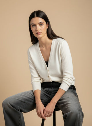 Cardigan - Cardigan girocollo cashmere bordo pizzo - Panna - VEVI