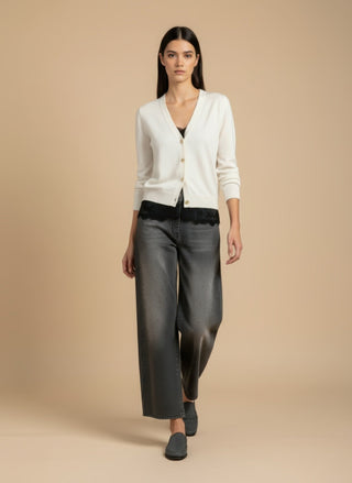 Cardigan - Cardigan girocollo cashmere bordo pizzo - Panna - VEVI