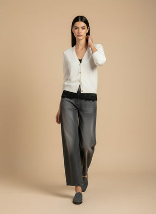 Cardigan - Cardigan girocollo cashmere bordo pizzo - Panna - VEVI