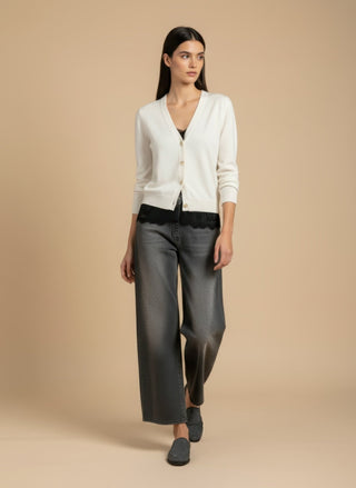 Cardigan - Cardigan girocollo cashmere bordo pizzo - Panna - VEVI