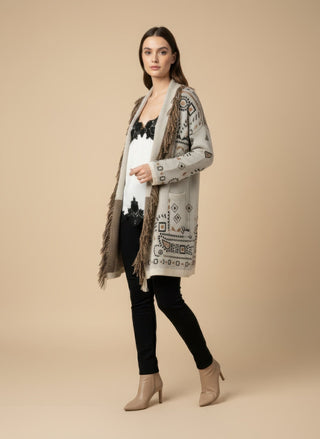Cardigan - Cardigan Jacquard Cintura - Beige - VEVI