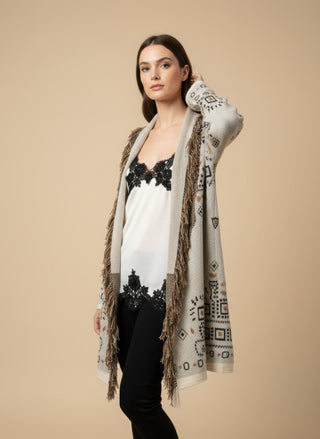 Cardigan - Cardigan Jacquard Cintura - Beige - VEVI