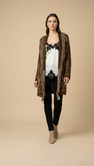 Cardigan - Cardigan Jacquard Cintura - Beige - VEVI