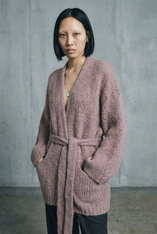 Cardigan - Cardigan lungo mohair tasche cintura cxa 24608 - Tortora - VEVI