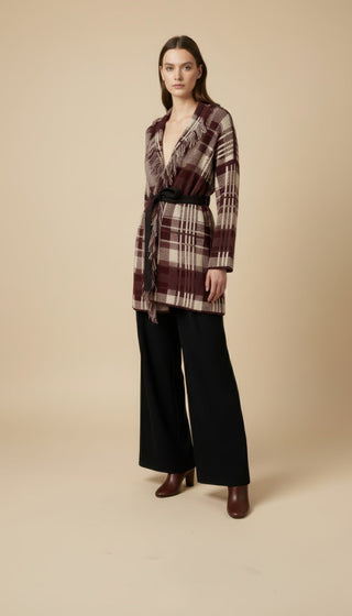 Cardigan - Cardigan Quadri Frange - Beige - VEVI