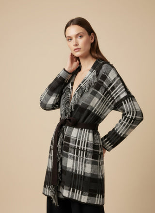 Cardigan - Cardigan Quadri Frange - Moro - VEVI