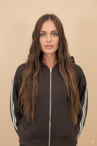 Felpa - Felpa zip cappuccio banda - Marrone - vevi.it