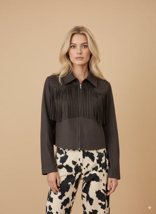 Giubbino - Giubbino frange simil suede - Moro - vevi.it