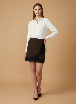 Gonna - Gonna mini crepe bordo pizzo - Marrone - vevi.it
