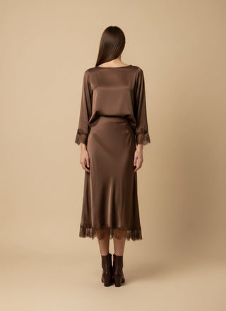 Gonna - Gonna raso bordo pizzo - Marrone - vevi.it