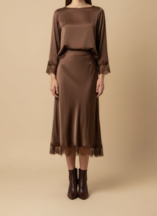 Gonna - Gonna raso bordo pizzo - Marrone - vevi.it