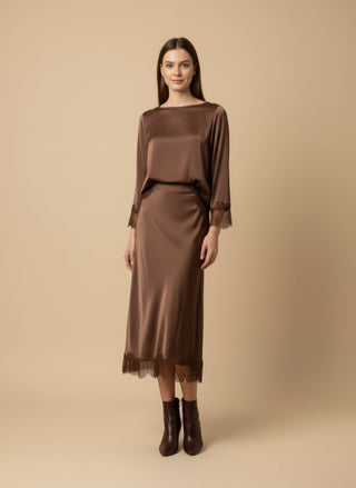 Gonna - Gonna raso bordo pizzo - Marrone - vevi.it