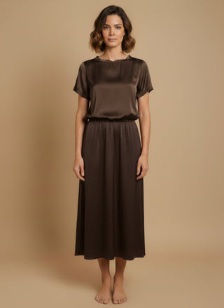 Gonna - Gonna satin stretch viscosa - Marrone - vevi.it