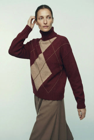 Maglia - Maglia dolcevita rombi cashmere afa 6671 - Bordeaux - VEVI