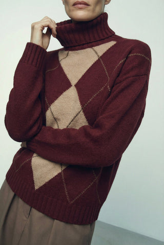 Maglia - Maglia dolcevita rombi cashmere afa 6671 - Bordeaux - VEVI