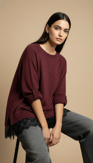 Maglia - Maglia girocollo spacchi bordo pizzo - Bordeaux - VEVI