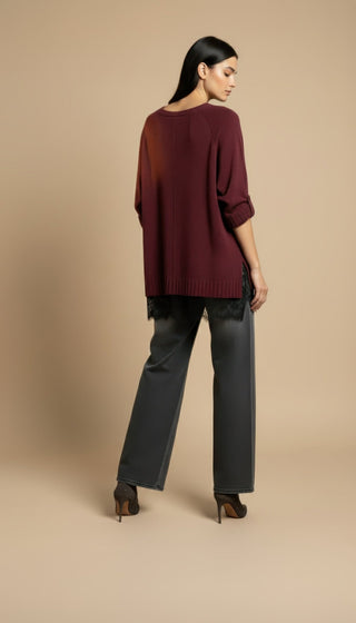 Maglia - Maglia girocollo spacchi bordo pizzo - Bordeaux - VEVI