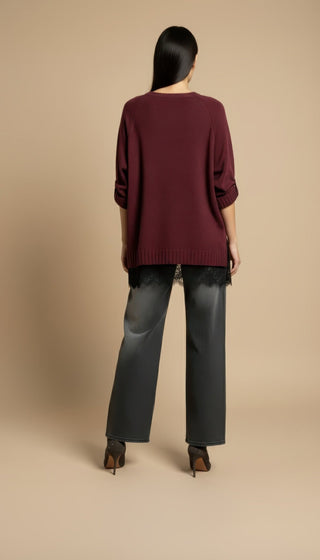 Maglia - Maglia girocollo spacchi bordo pizzo - Bordeaux - VEVI