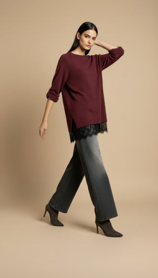 Maglia - Maglia girocollo spacchi bordo pizzo - Bordeaux - VEVI