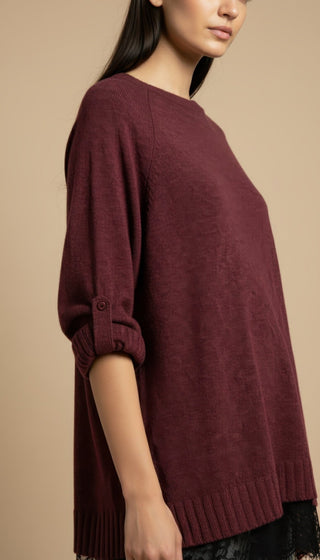 Maglia - Maglia girocollo spacchi bordo pizzo - Bordeaux - VEVI