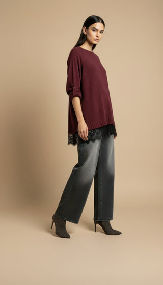 Maglia - Maglia girocollo spacchi bordo pizzo - Bordeaux - VEVI