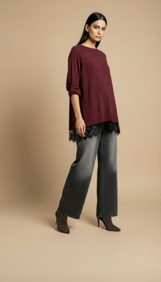 Maglia - Maglia girocollo spacchi bordo pizzo - Bordeaux - VEVI