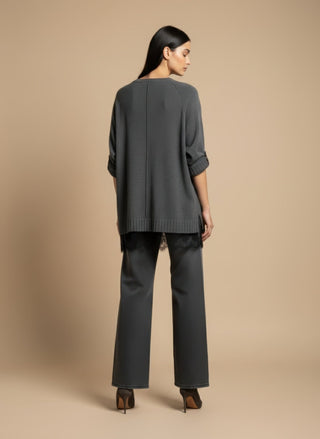 Maglia - Maglia girocollo spacchi bordo pizzo - Grigio melange - VEVI