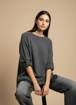 Maglia - Maglia girocollo spacchi bordo pizzo - Grigio melange - VEVI