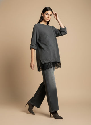 Maglia - Maglia girocollo spacchi bordo pizzo - Grigio melange - VEVI