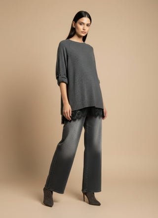 Maglia - Maglia girocollo spacchi bordo pizzo - Grigio melange - VEVI