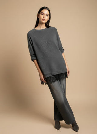 Maglia - Maglia girocollo spacchi bordo pizzo - Grigio melange - VEVI