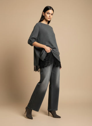 Maglia - Maglia girocollo spacchi bordo pizzo - Grigio melange - VEVI