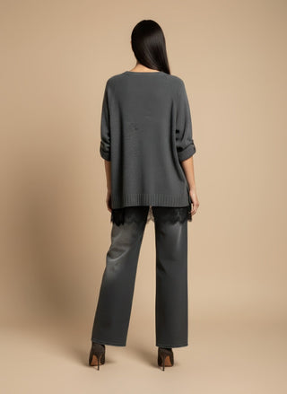 Maglia - Maglia girocollo spacchi bordo pizzo - Grigio melange - VEVI