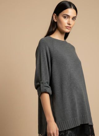 Maglia - Maglia girocollo spacchi bordo pizzo - Grigio melange - VEVI