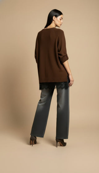 Maglia - Maglia girocollo spacchi bordo pizzo - Marrone - VEVI